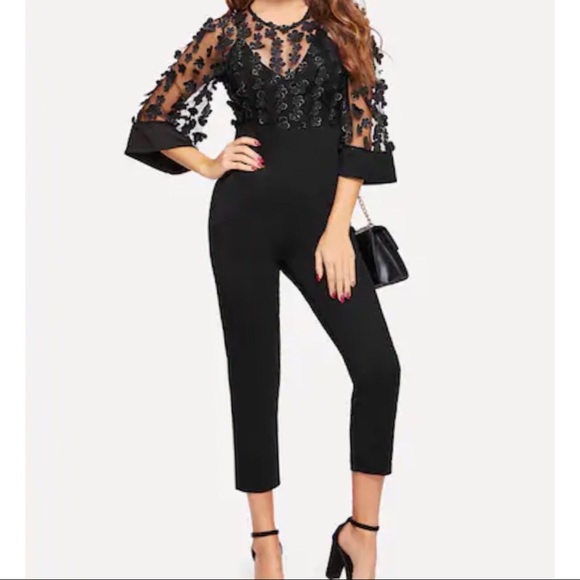amourOC Pants - Embellished Open Back Mesh Flower Jumpsuit
